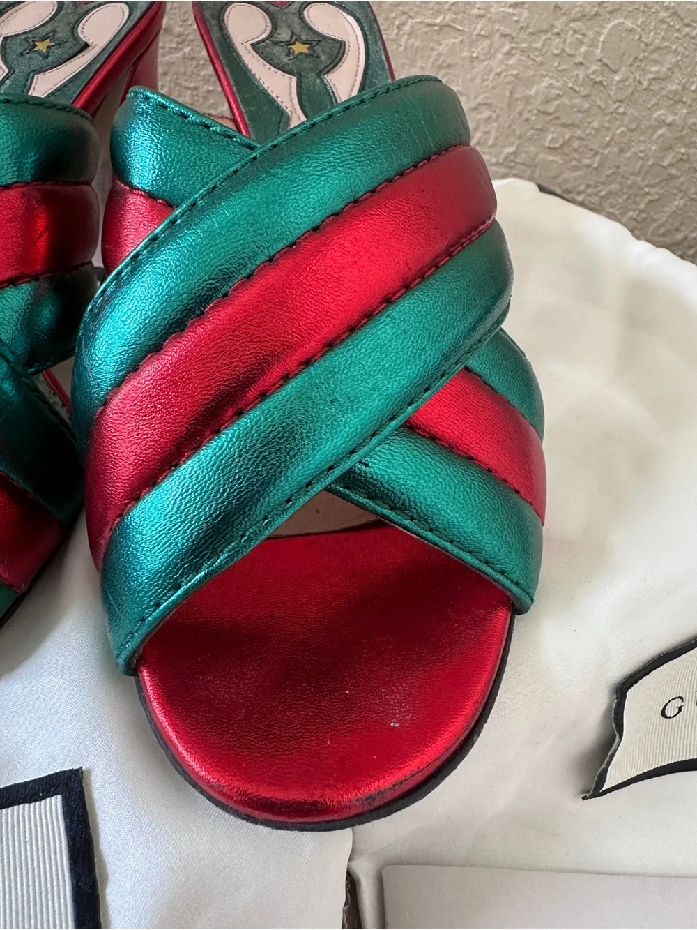 Gucci Metallic Teal and Fuchsia Crisscross Slide Mules - Picture 6 of 16